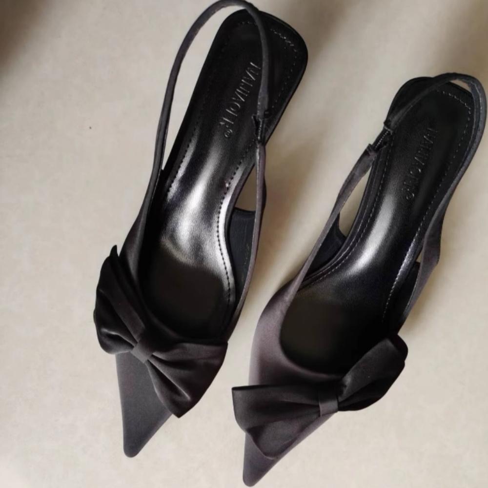 Женские босоножки Фиолетовый темперамент Атласный бант Острый задник Пустые босоножки Женские новые остроносые туфли на шпильках Женская обувь