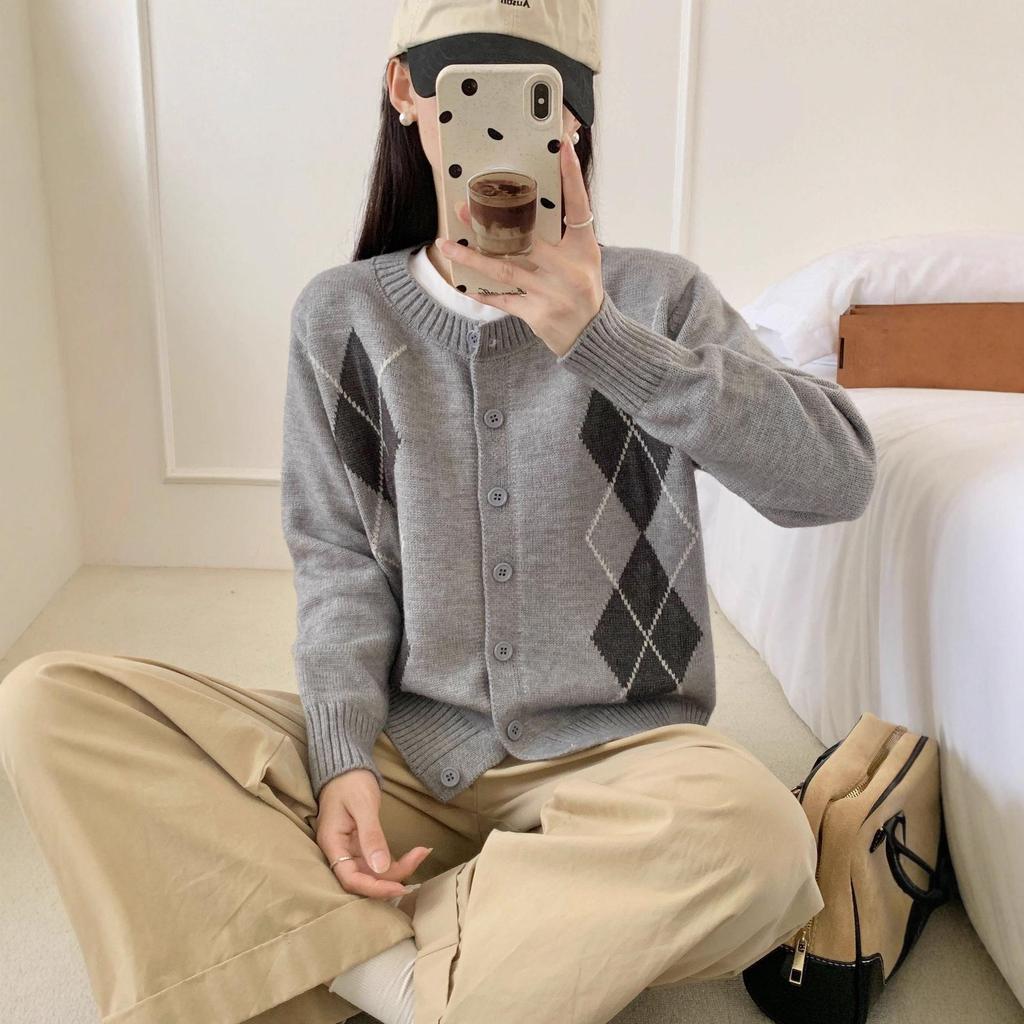 Женский кардиган из мериносовой шерсти с узором аргайл - Сексуальный свитер с круглым вырезом для осени/зимы