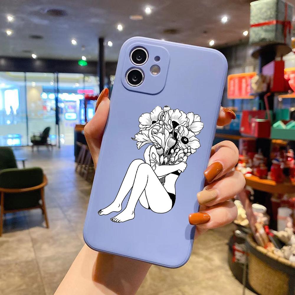 Чехол для телефона из жидкого силикона Sexy Art Girl Line Flower для iPhone 14 11 12 13 Pro Max Mini X XS XR 7 8 Plus SE