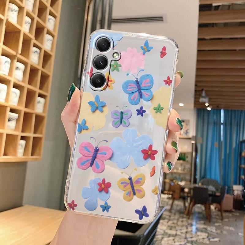Мягкий прозрачный силиконовый чехол с изображением цветка бабочки для Samsung A55 A35 M35 M34 S24 Xiaomi Redmi Note 13 Pro 13C Poco M6 Camera Противоударный защитный чехол
