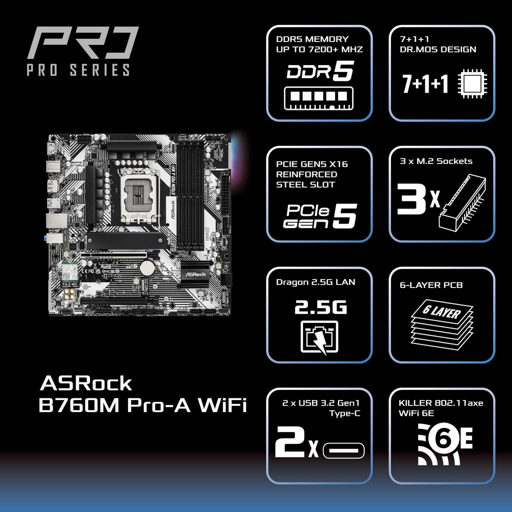 Материнская плата ASRock B760M WiFi Совместима с процессорами Intel 12-го и 13-го поколений Чипсет B760 DDR5 Bluetooth Micro ATX Материнская плата Авторизована