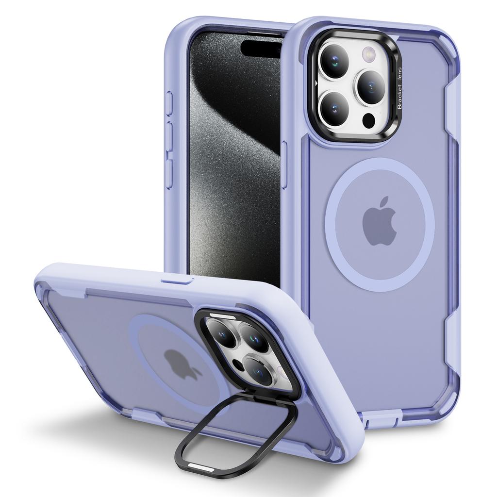 For iPhone 15 Pro Max Case Compatible with MagSafe Lens Frame Kickstand TPU+PC Shockproof Phone Cover