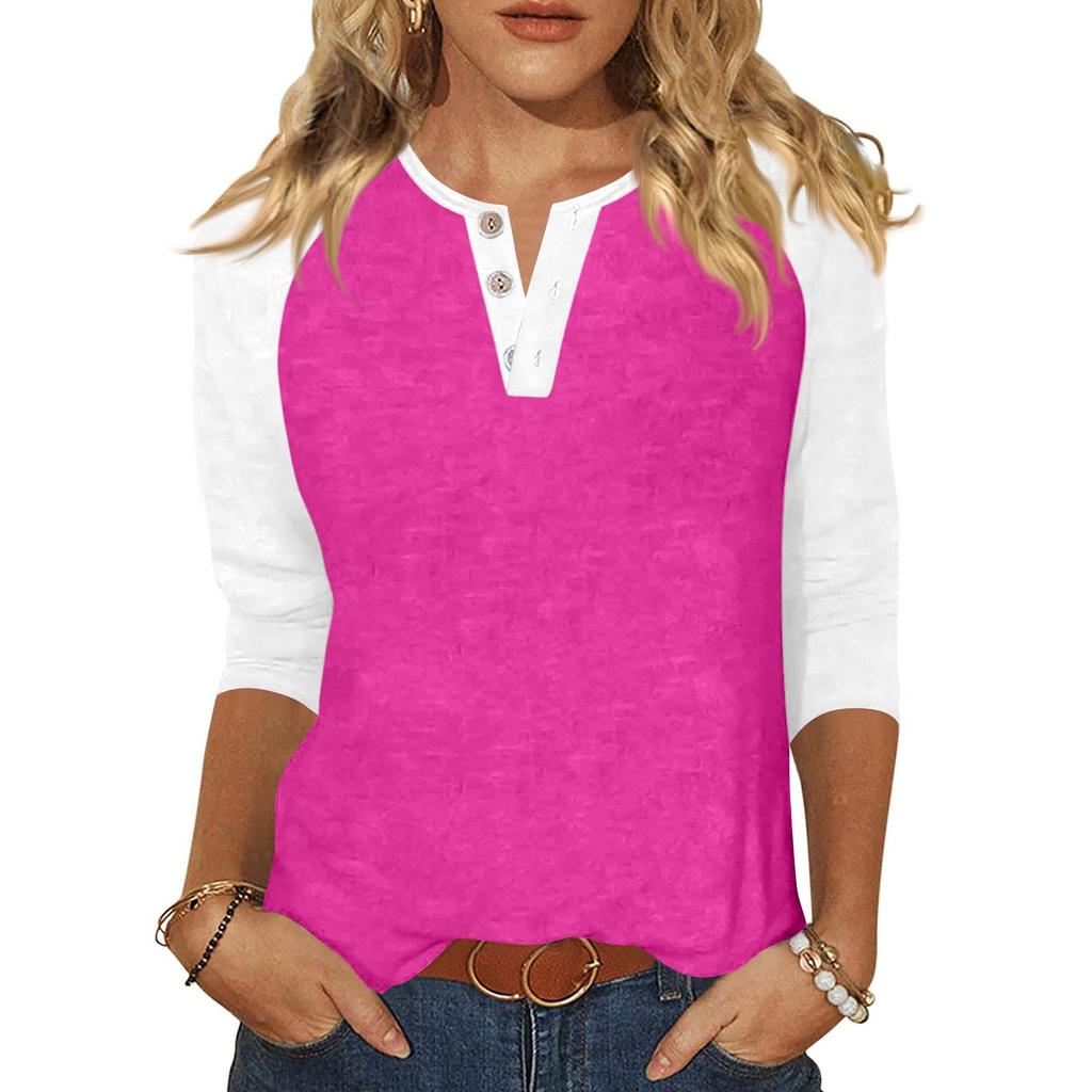 Жен. Футболка С принтом Пуговицы Рукав 3/4 Повседневные Выходные Мода Классический Классический V-образный вырез Обычный Верх