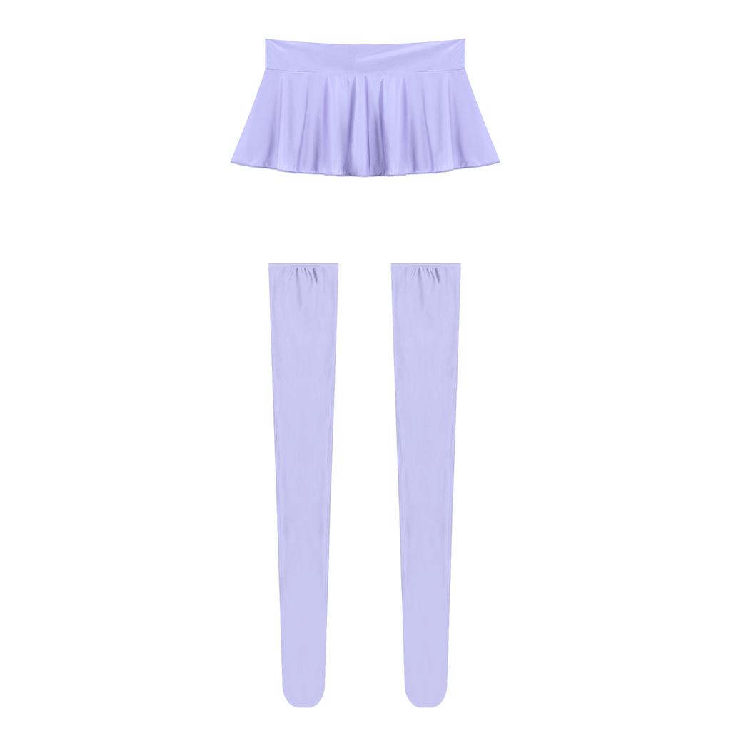 Womens Glossy Ruffled Miniskirt Pool Party Beach Bikini Bottoms Cover Ups with Thigh High Stockings