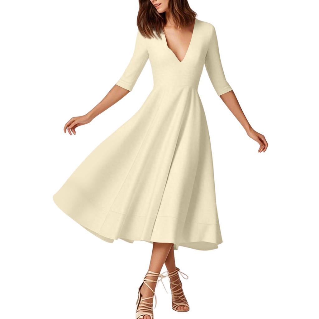 Женское модное платье средней длины со средним рукавом, сексуальное платье с V-образным вырезом