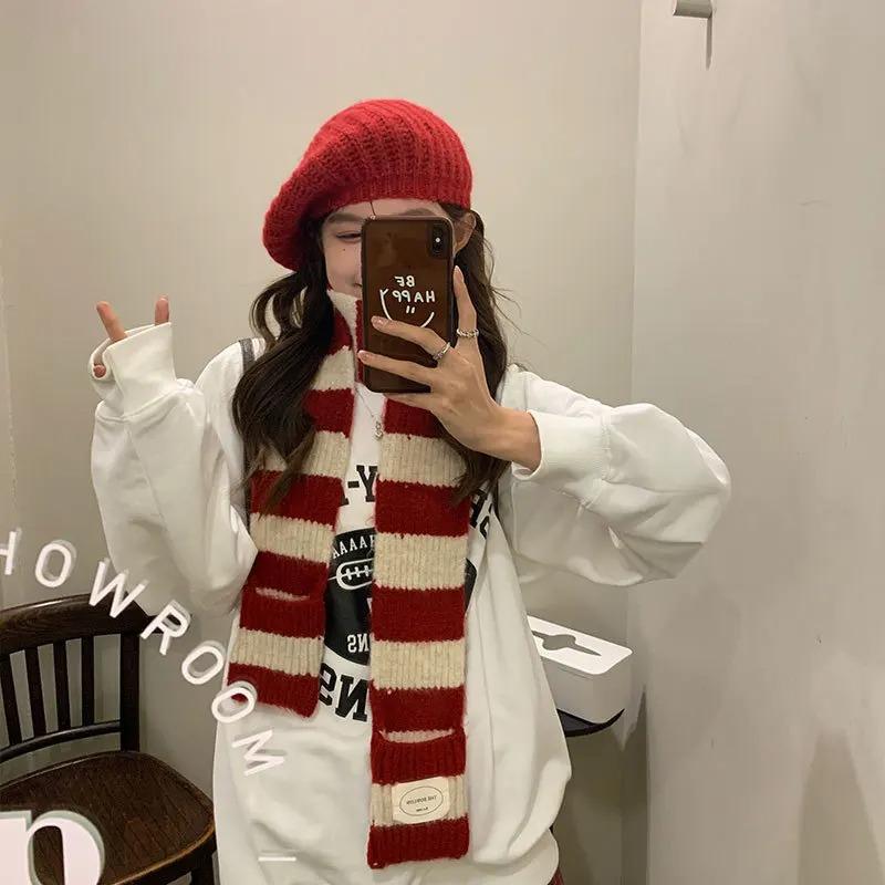 New Striped Soft Wool Knitted Scarf - Women's Winter Korean-Style Versatile Simple Thick Warm Scarf Cold-Resistant Scarf