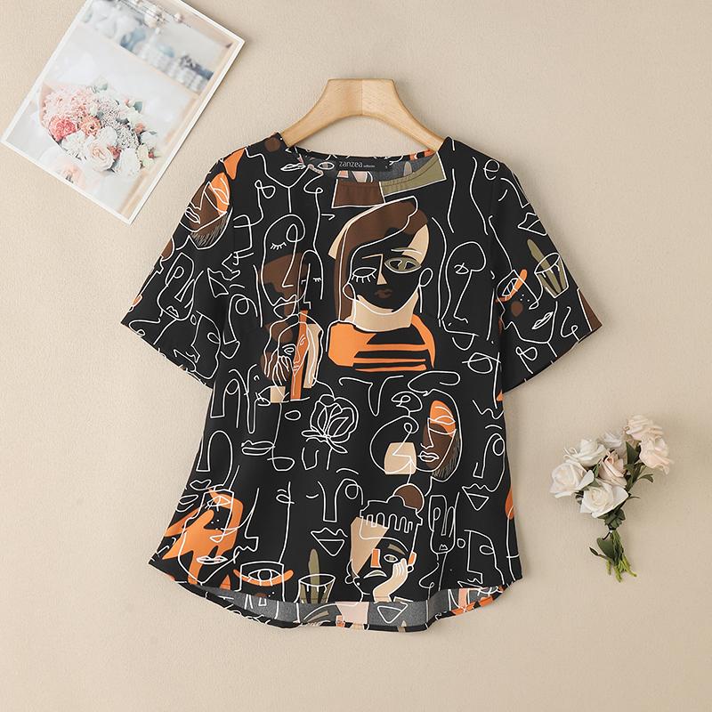 ZANZEA Women Casual Round Neck Half Sleeve Print Summer Blouse