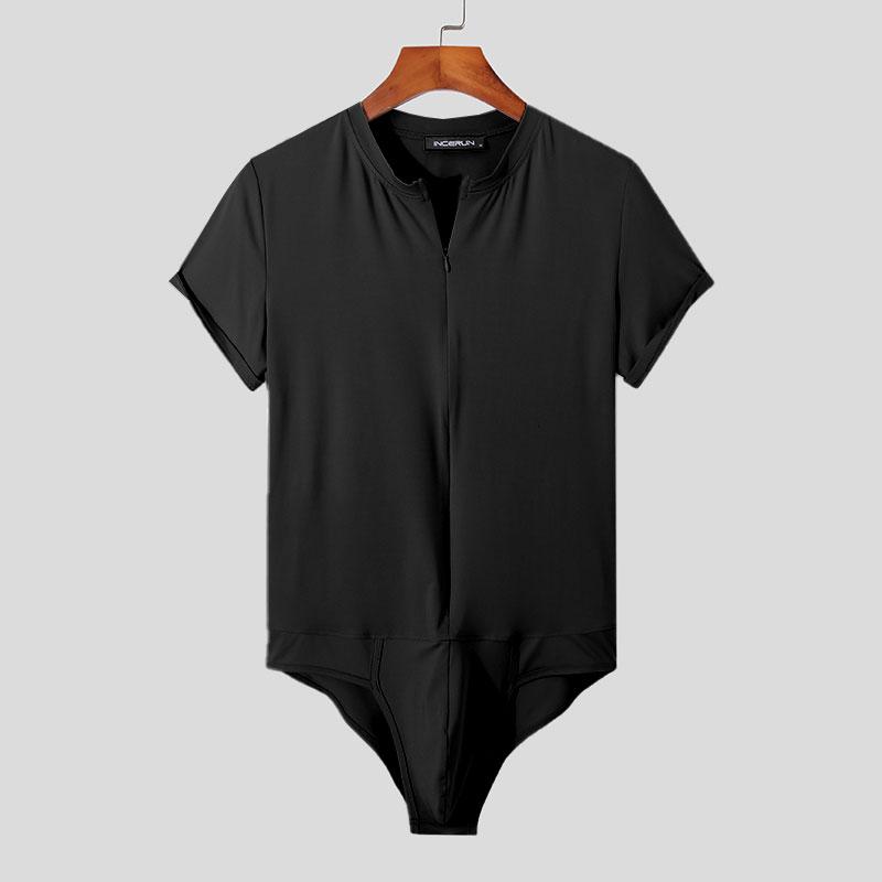 INCERUN 3Colors Jumpsuits Mens Fashion Summer Wear Short Sleeved Body Fit Suit Zipper Up Jumpsuits Solid Homewear S-5XL