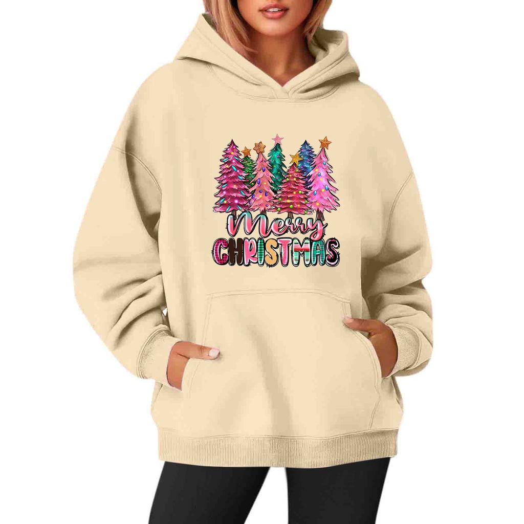 Women's Sweatshirts O-neck Long Sleeve Christmas Printed Top Solid Color Hoodie