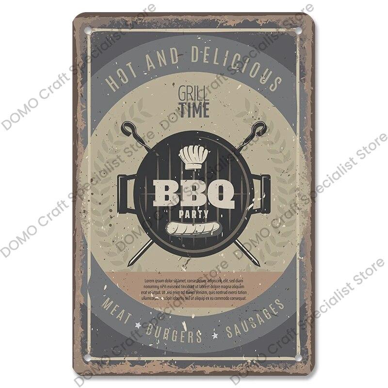 Винтажные таблички для барбекю, металлические оловянные таблички, гриль, мясо, стейк, колбаса, ретро металлическая пластина, настенный декор, вечерние барбекю, магазин, столовая