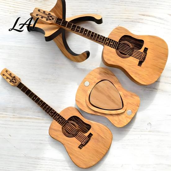 Musician Desk Decoration Guitar Pick Holder with Stand Wooden Plectrum Display Storage Box Miniature Shape Organizer for Lovers Portable