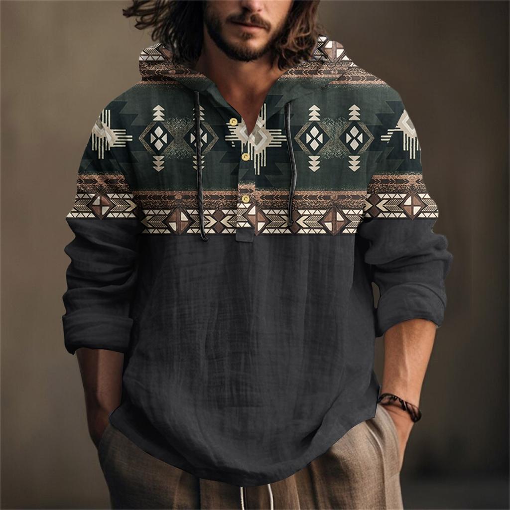 Мужская рубашка с принтом из хлопка и льна с капюшоном, с длинными рукавами, повседневная одежда для весны и лета