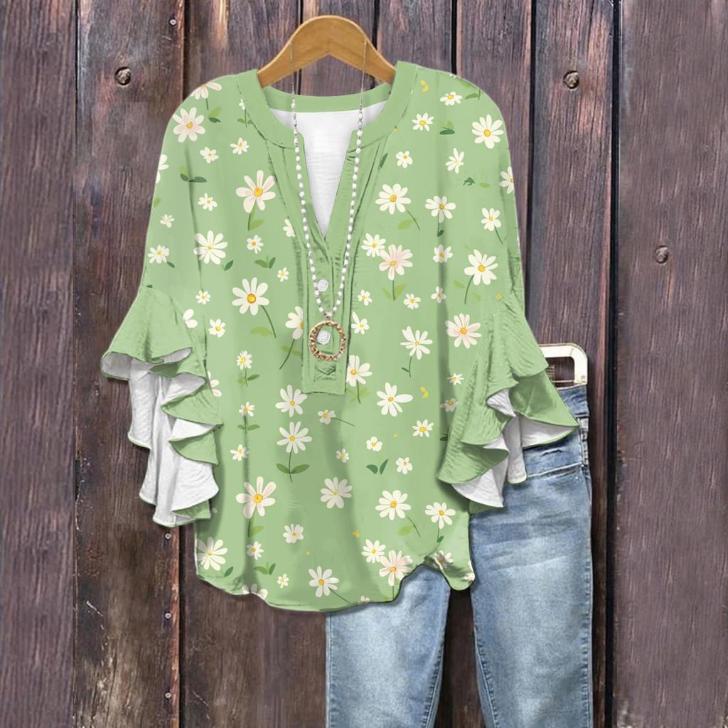 Summer Tops For Women Cute V Neck 3/4 Sleeve Blouses Floral Print Top Casual Shirts
