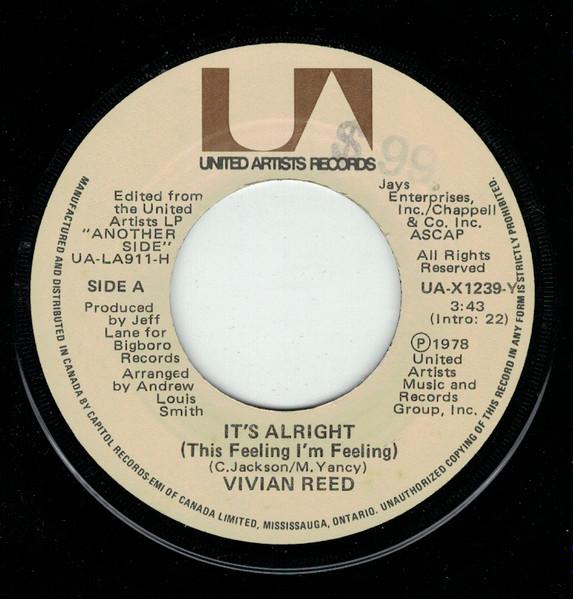 7-дюймовая пластинка VIVIAN REED - It's Alright (Это чувство, которое я испытываю UAX1239Y United Artists 1978 Канада Соул/Фанк Б/У