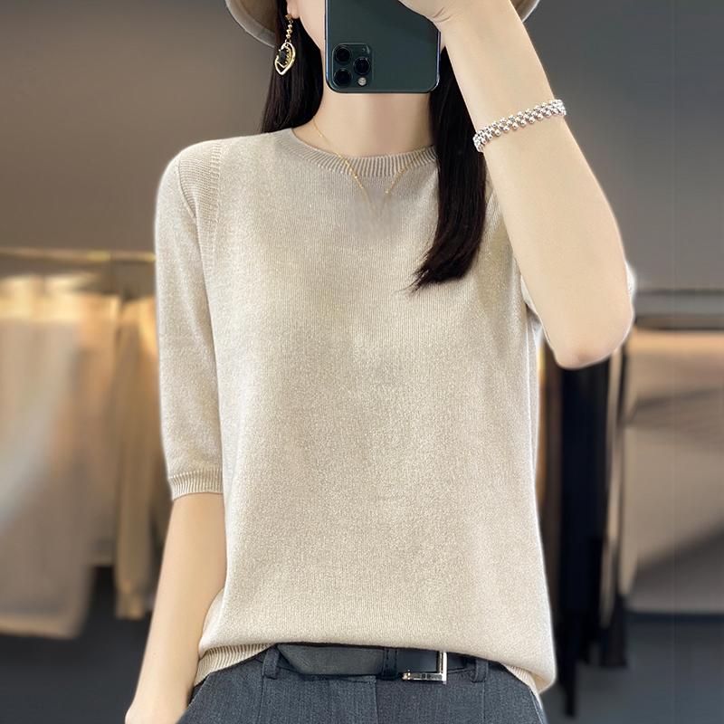 Женская летняя футболка с коротким рукавом, 50% шелка тутового дерева и полиэстера | Легкий дышащий облегающий повседневный топ