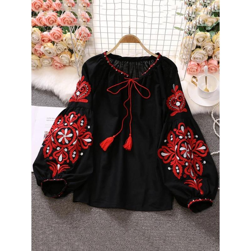 Милый стиль, женские пуловеры, рубашки с вышивкой, лоскутная повязка, v-образный вырез, рукав-фонарик, весна-лето 2024, новая блузка SN0452