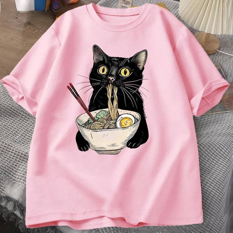 Футболка с изображением лапши Ramen Cat, футболки Foodie Lover, черные футболки с изображением лапши Cat, повседневная футболка с коротким рукавом в стиле ретро для мужчин и женщин, одежда