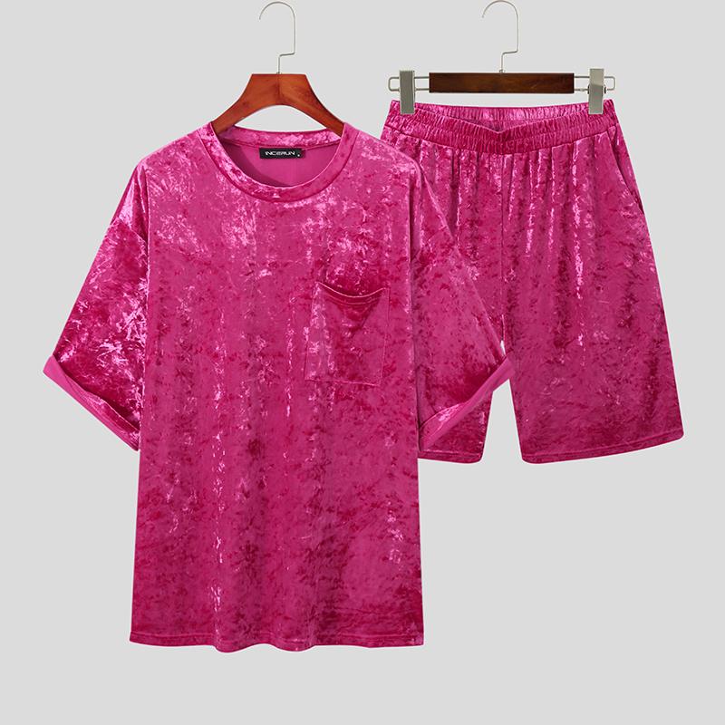INCERUN Мужские комплекты из 2 предметов Pleuche с короткими рукавами, футболки и шорты, одежда для отдыха, свободный костюм