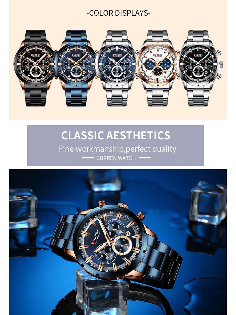 Мужские водонепроницаемые кварцевые часы с календарем Curren 8355 со стальным браслетом