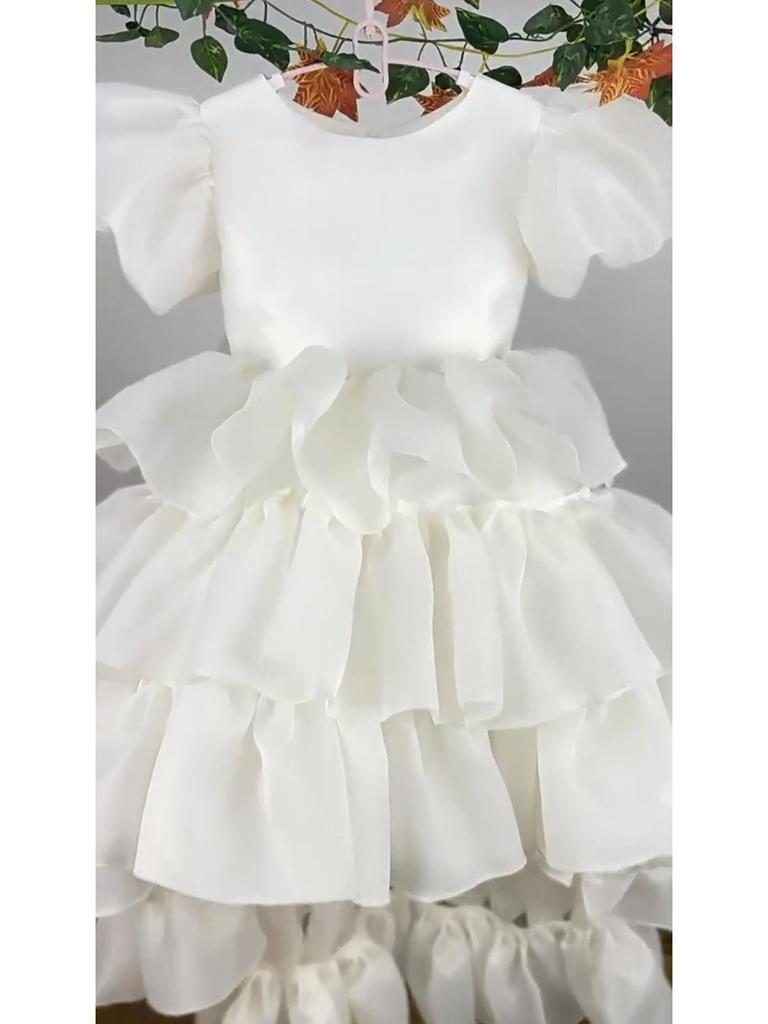 Girls' White Puffy Princess Dress - Flower Girl Wedding Long Gown
