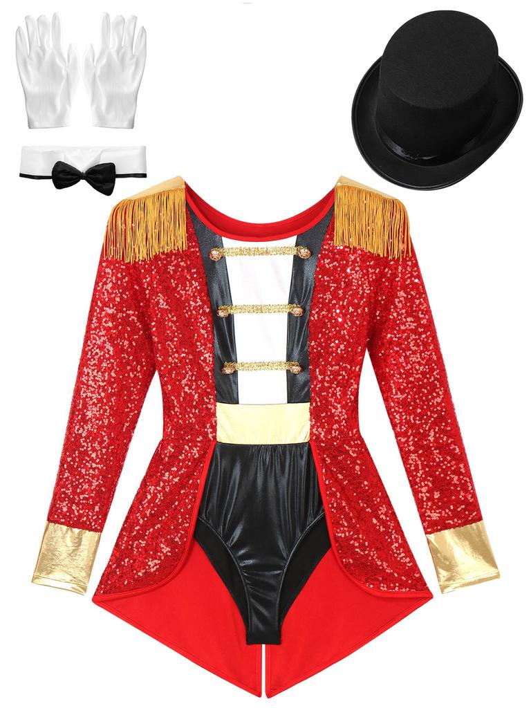 Women's Circus Ringmaster Costume Halloween Cosplay Tassel Leotard Bodysuit with Hat Bow Collar Gloves for Party Stage Shows