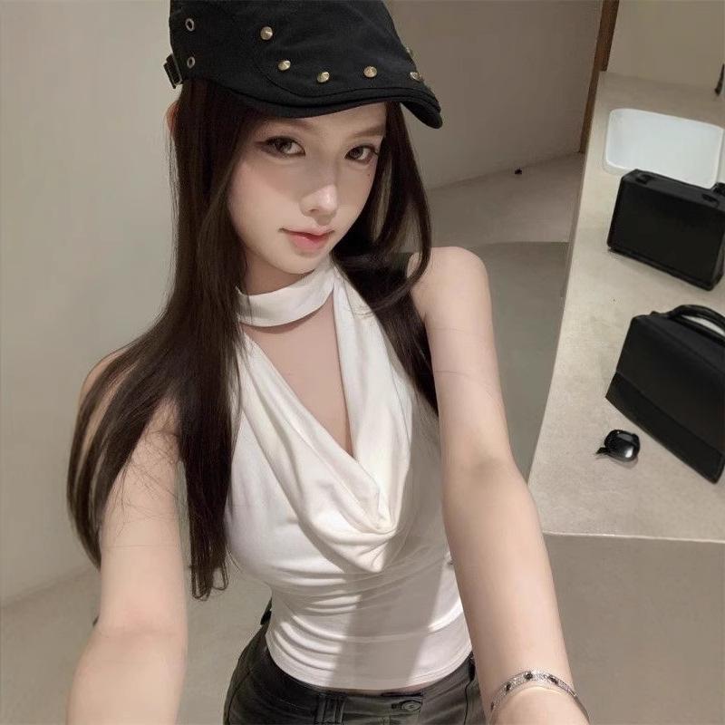 Хаки Топ-майка с открытой спиной, драпированным вырезом и завязками на шее - Женский летний топ без рукавов