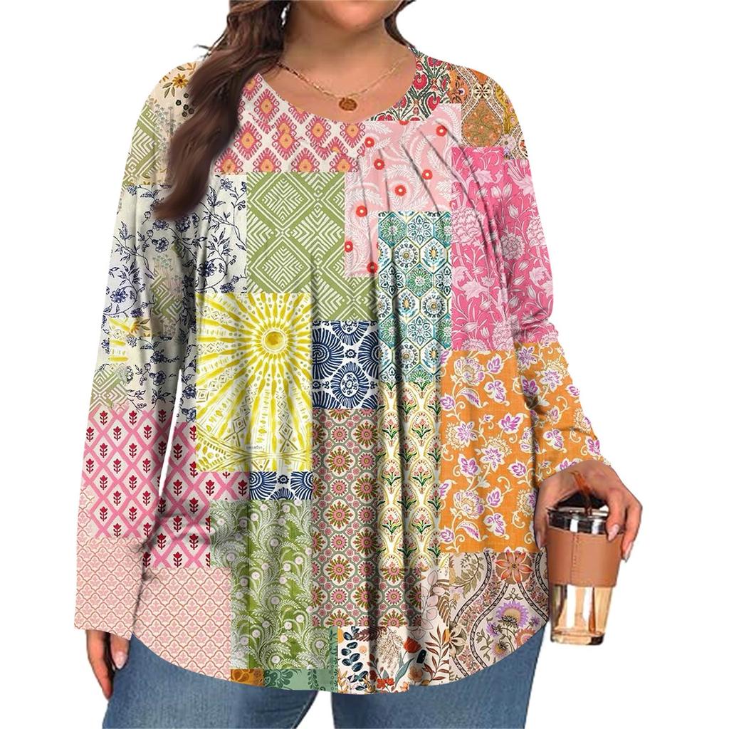 Women's Plus Size Fashion Printed Casual Pleated Round Neck Long Sleeve Top