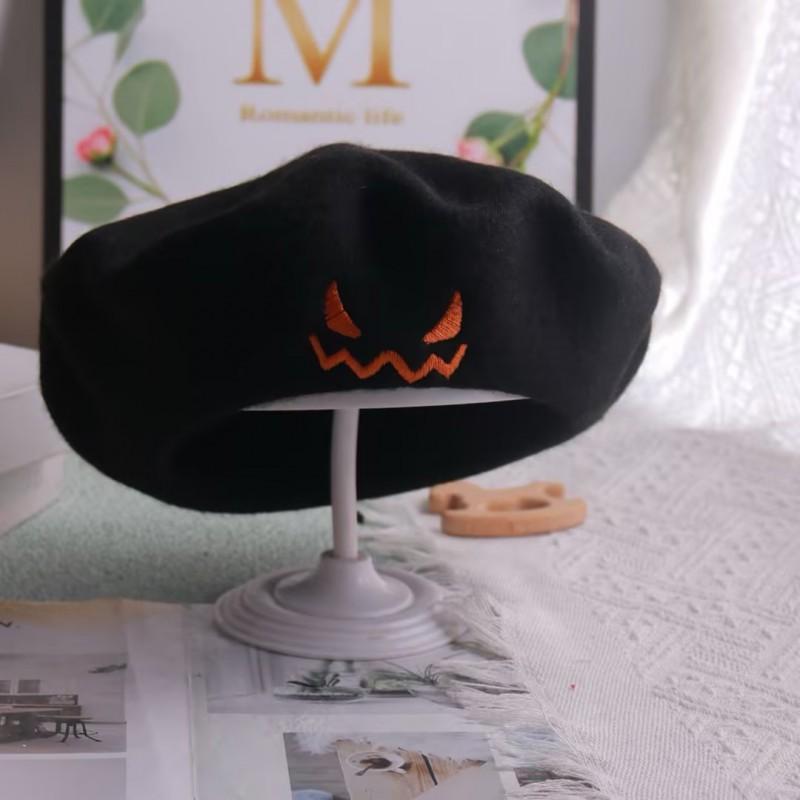 Halloween Pumpkin Embroidered Beret Kids Adults Cute Wool Felt Artist Hat Party Accessory