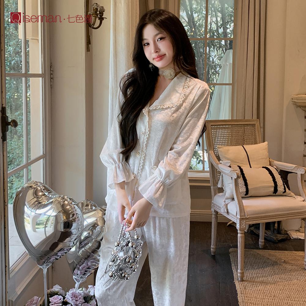 Small lapel gold velvet pajama set, jacquard high-end style, women's loungewear, can be worn out, simple pajamas, women's autumn and winter