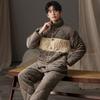 2 Pcs/Set Men Pajamas Set Round Neck Thick Sleepwear Set Loose Elastic Waist Warm Male Homecoat Set Men Homewear Top Pants Sets
