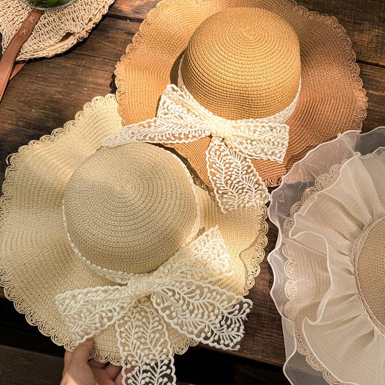 Summer Lace Straw Hat Bow Beach Sun Shading Holiday Hat Brim Sun Hat Sun Hat