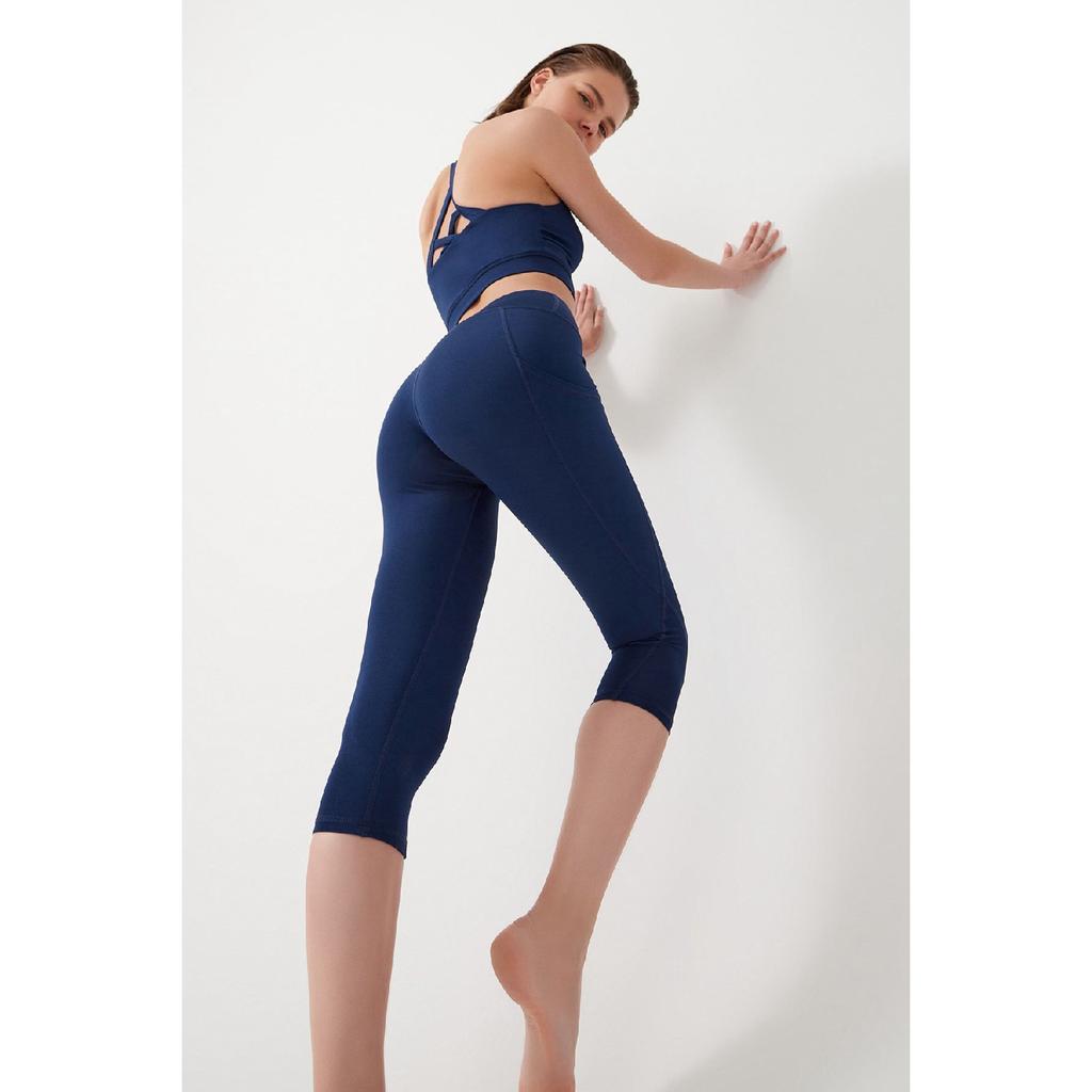 Женские черные леггинсы-капри длиной ниже колена с высокой талией и двойным карманом, капри