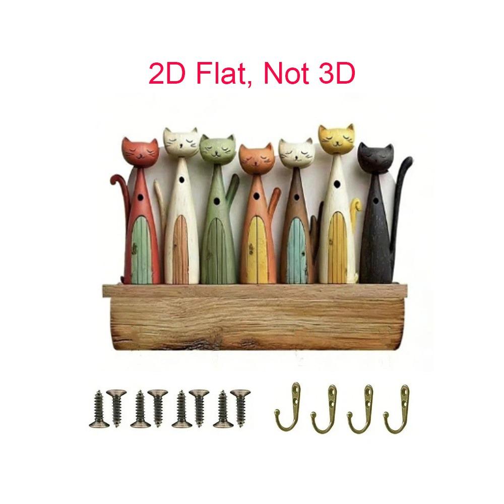 Colorful Cat Wooden Key Hanger Retro Design with 4 Hooks Animal Key Holder 2D Flat Wall-Mounted Key Holder Bedroom