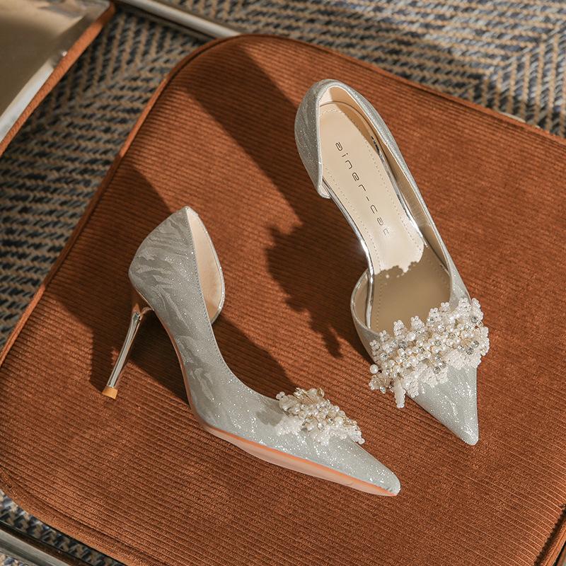 8335-2 Женские туфли на высоком каблуке стилет зима 2025 новые французский кристалл свадебные туфли с острым носком с открытыми боками свадебные туфли