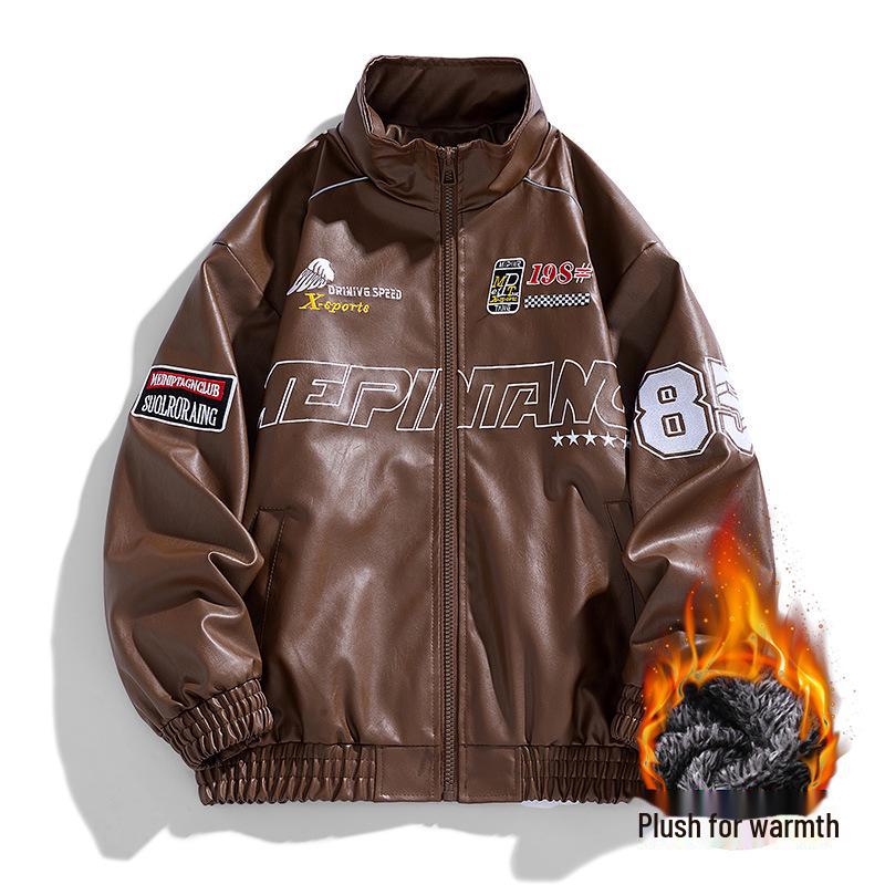 Мужская зимняя куртка 2024 года из искусственной кожи с вышивкой и воротником-стойкой — модный и повседневный американский стиль