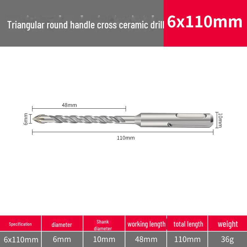 Light Electric Hammer Special Ceramic Glass Drill Bit - Round Handle, Triangle Alloy Tip, Ideal for Cement Walls and Brick Openings.