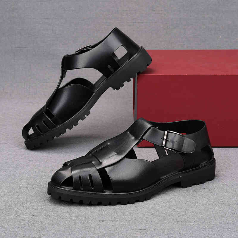 Fashion Summer New Hand Woven Men's Sandals Retro Leather Hollow Breathable Roman Shoes Trendy Solid Color Ankle Buckle Casual Shoes