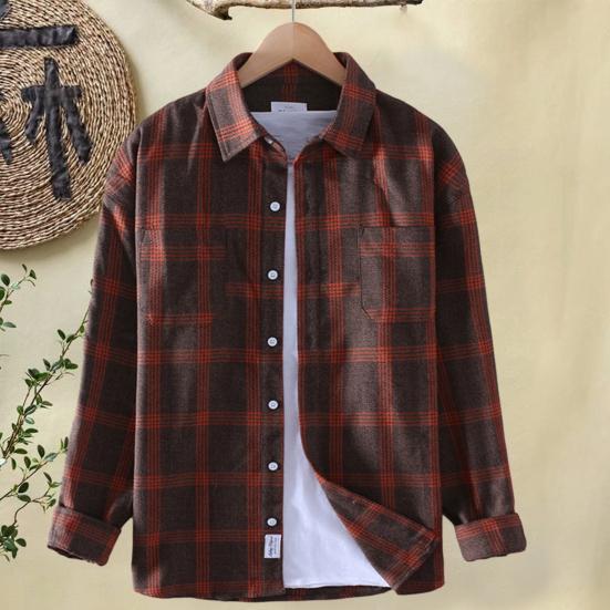 Men Causal Plaid Shirt Spring Fall Turn-down Collar Button Closure Regular Fit Soft Male Sweatshirt Long Sleeves Top Menswear