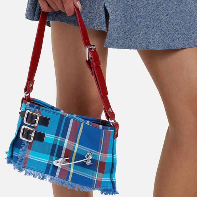 Vivienne Westwood Anglomania Adjustable Strap Plaid Design Initial Cut Wool Tote Shoulder Bag Women bags Blue 41010067U-W00TW-MULTI-BLUE