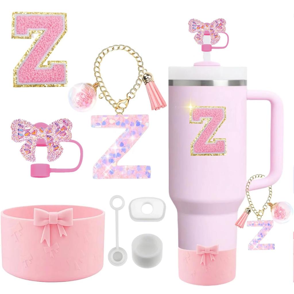 7PCS Pink Accessories for Stanley Cup 30/40 Oz Tumbler with Handle Bow Straw Topper Cover Cap Boot Initials Charm Letter Sticker