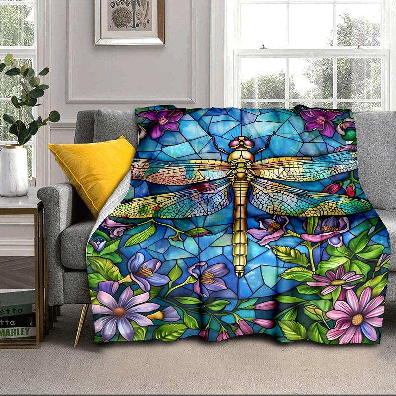 Stained Glass Dragonfly Garden Blanket Flannel Blanket for bed, sofa, Camping, Hiking, Picnic Essentials, gift for family Fan gifts