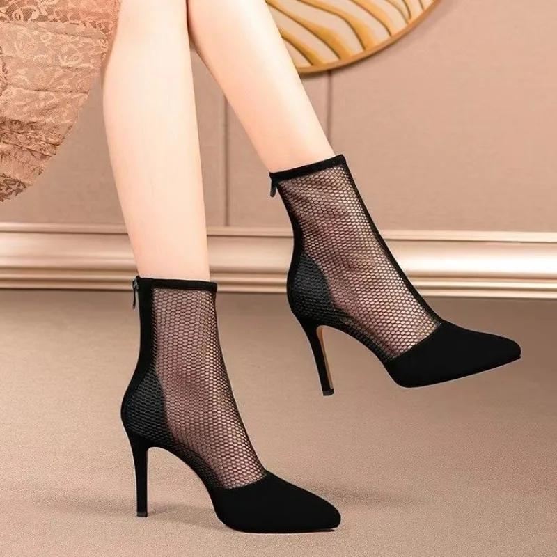 Мода 2024 года. Новые летние сандалии из сетки на высоком каблуке, средней длины, весна/лето/осень. Новые удобные сандалии с большим острым носком.
