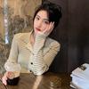 New Spring and Autumn Polo Collar Striped Knitted Cardigan Jacket Women's Bottoming Shirt Design Niche Long-sleeved Top