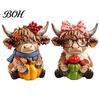 Scottish Highland Cow Decor 2PCS Ornament, Wooden Rustic Style Figurine, Thanksgiving Sculpture Theme Wood Art, for Entrance Living Room Polished Art