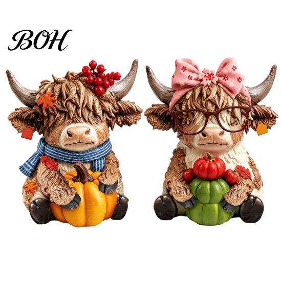 Scottish Highland Cow Decor 2PCS Ornament, Wooden Rustic Style Figurine, Thanksgiving Sculpture Theme Wood Art, for Entrance Living Room Polished Art