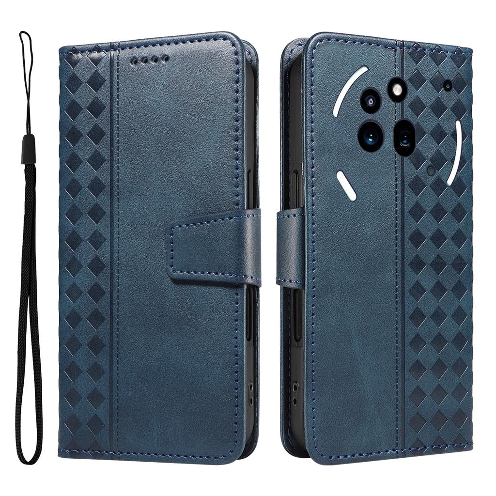 For Nothing Phone (3a) Pro Leather Case Wallet Stand Grids Imprint Phone Cover with Strap