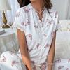 Women's Cherry Print Pajama Set Short Sleeve Button Front Top Long Pants Sleepwear Set Lace