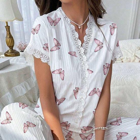 Women's Cherry Print Pajama Set Short Sleeve Button Front Top Long Pants Sleepwear Set Lace