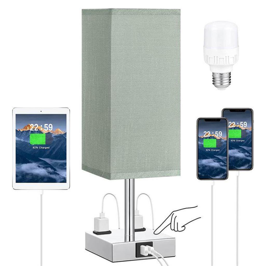 Fabric Bedside Table Lamp Nightstand Lamp with Warm White LED Bulb Desk Light Touch Control USB A