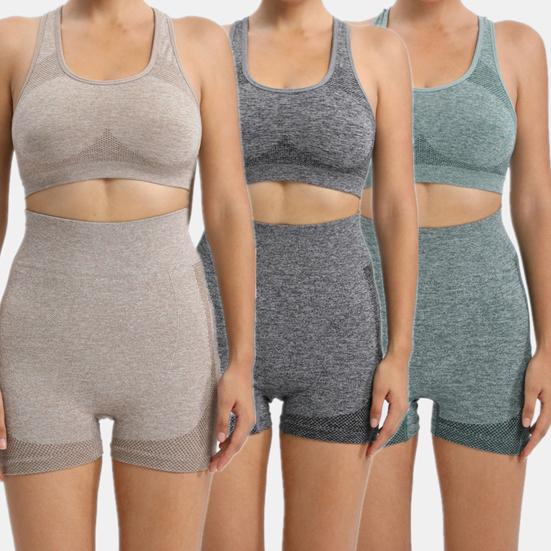 2 Pcs/Set Women Sports Suit Push-up Sleeveless Vest with Chest Pads Seamless Quick-drying High Waist Shorts Sportwear Yoga Fitness